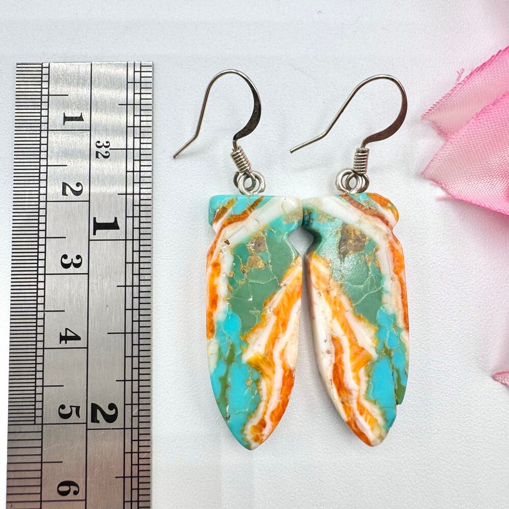 Turquoise Spiny Oyster Shell Carved Arrowhead Composite Slab Earrings Southwest - Picture 10 of 12